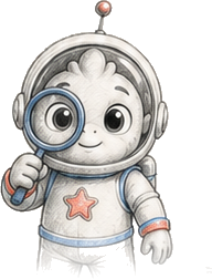 Raki, das Maskottchen von MindLaunch, mit einer Lupe